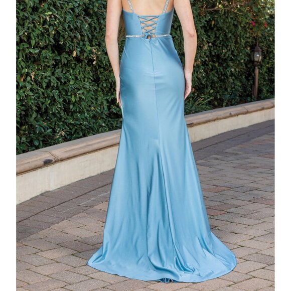 New Rhinestones Embellihsed Maxi Graduation Satin Dress w/ Lace Up Back DQ 4271 - Picture 6 of 9